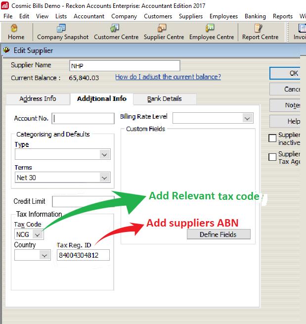 The Edit Supplier window in Reckon Accounts, with the tax code and ABN fields marked on the Additional Info tab.